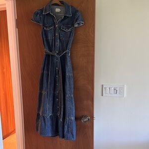 Alice and Olivia Blue Buttoned Tie Front Maxi Dress with Puff Sleeves